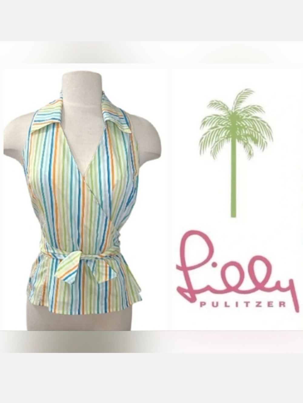 Vtg Lilly Pulitzer WHITE LABEL Wrap Top Sleeveless Blue Multi Color Stripe Sz 2